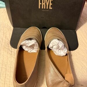 Frye Tan Leather Slip-On Flats with White Trim